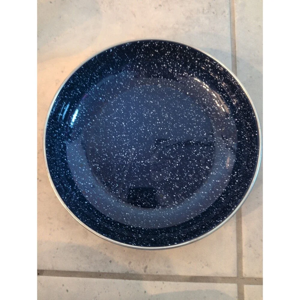 Classic Vintage Enamel Camping Shallow Bowl Blue Speckled